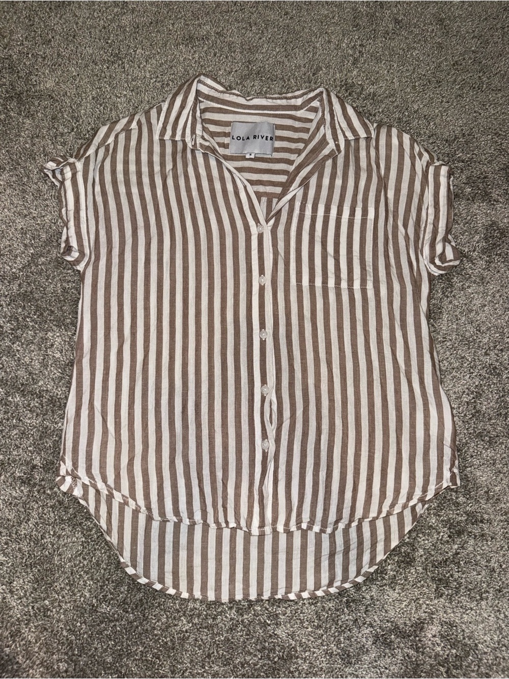 Lola River Brown & White Striped Short Sleeve Button Down Blouse- Small
